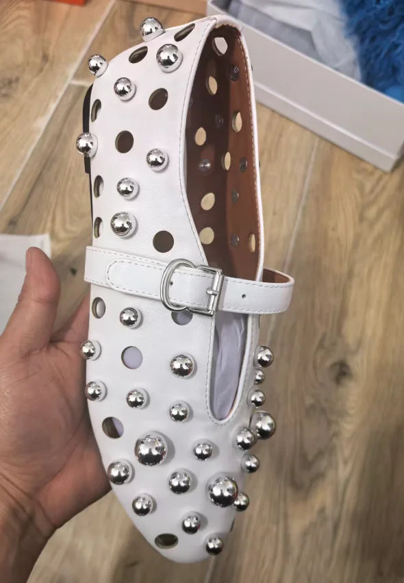 Luxury Black Pearl Round Head Buckle Ballet Sandals Summer Autumn Metal Hollow Commuting Casual Mary Jane Single Shoe Size 45