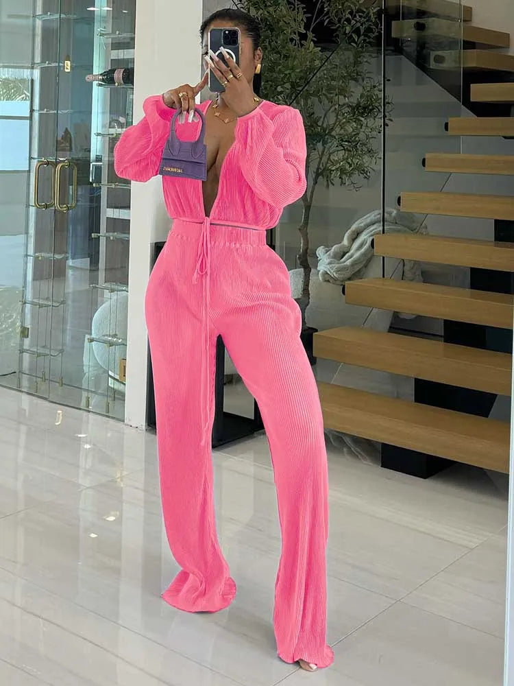 Elegant Draped Lounge Set – 2-Piece V-Neck Top & Elastic Waist Pants Outfit for Women