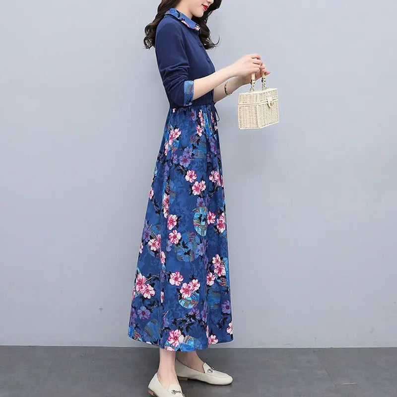 Elegant Printed Shirt Dress – Drawstring Waist Ankle-Length Dress for Women