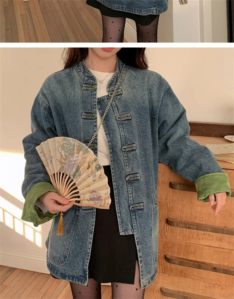 New Chinese Retro Casual Denim Jacket for Women in Spring 2024 Unique Chic Hong Kong Style fat and Slim Cardigan top for Women