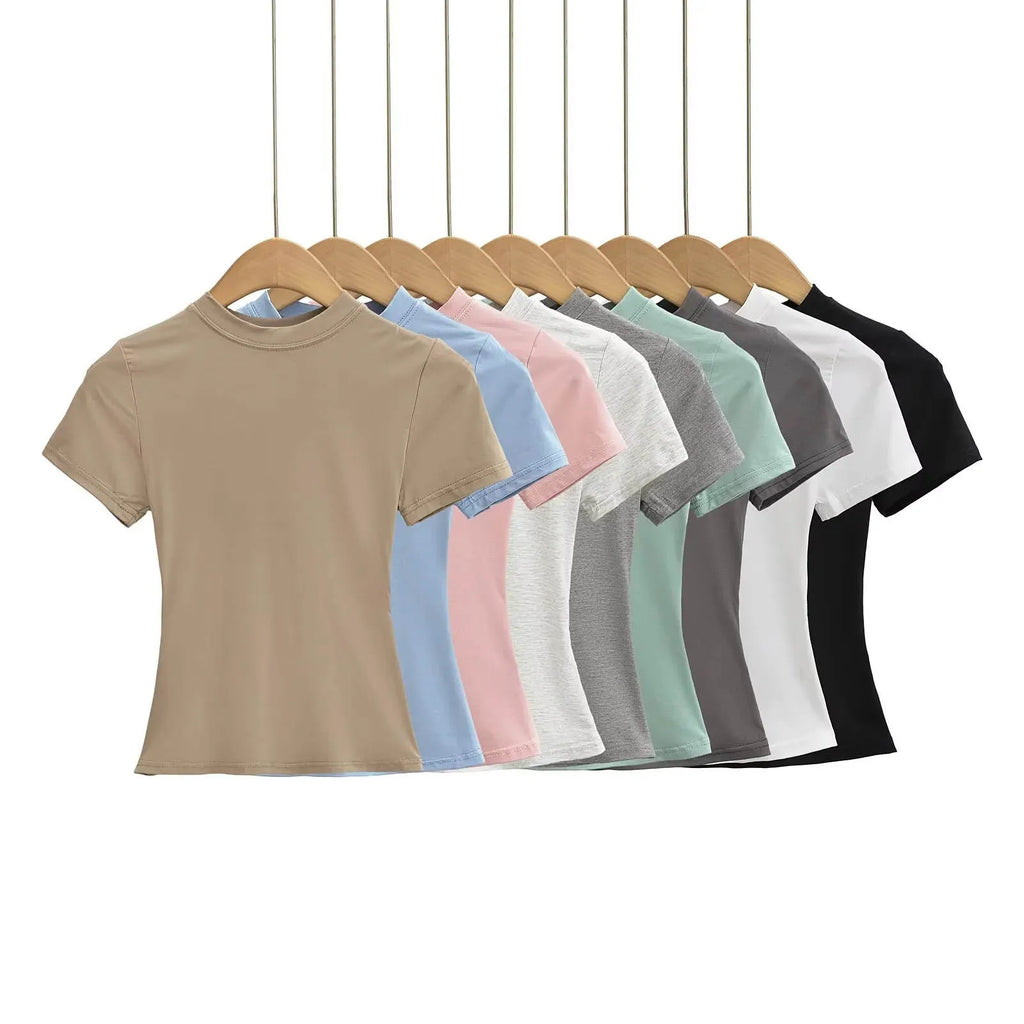 2025 New High Quality Casual T shirt Sexy Slim Short Sleeves Fashion Trend Solid Women Clothing y2k Tops