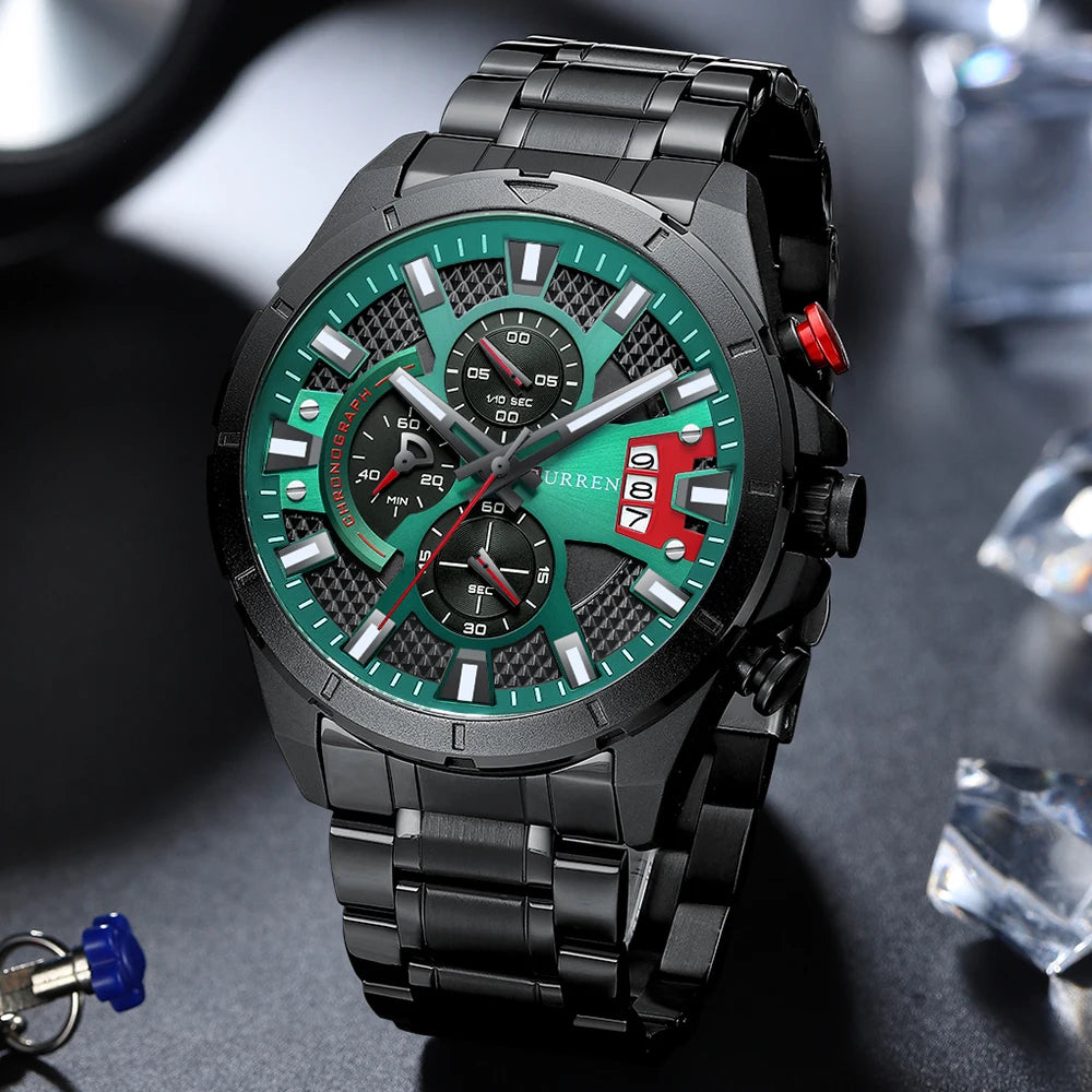 CURREN Sports Big Dial Men's Chronograph Watch with Matte Stainless Steel Band Luminous Hands Casual Quartz Wristwatch 8401