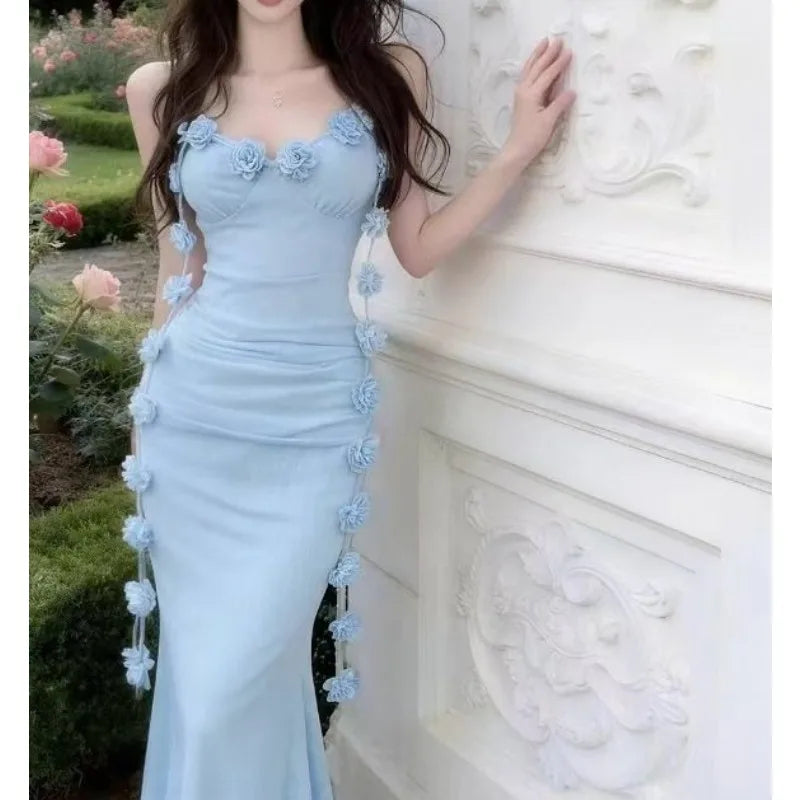 French Riviera Backless Maxi Dress – Luxury Blue Camisole Vacation Dress for Women