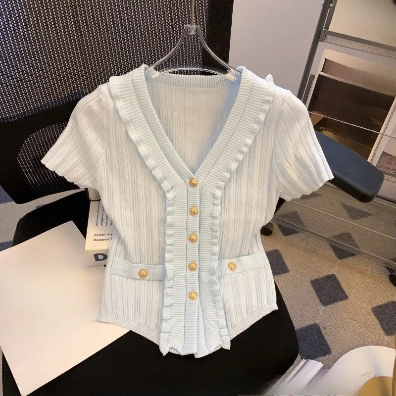 Elegant Ruffle Knit V-Neck T-Shirt