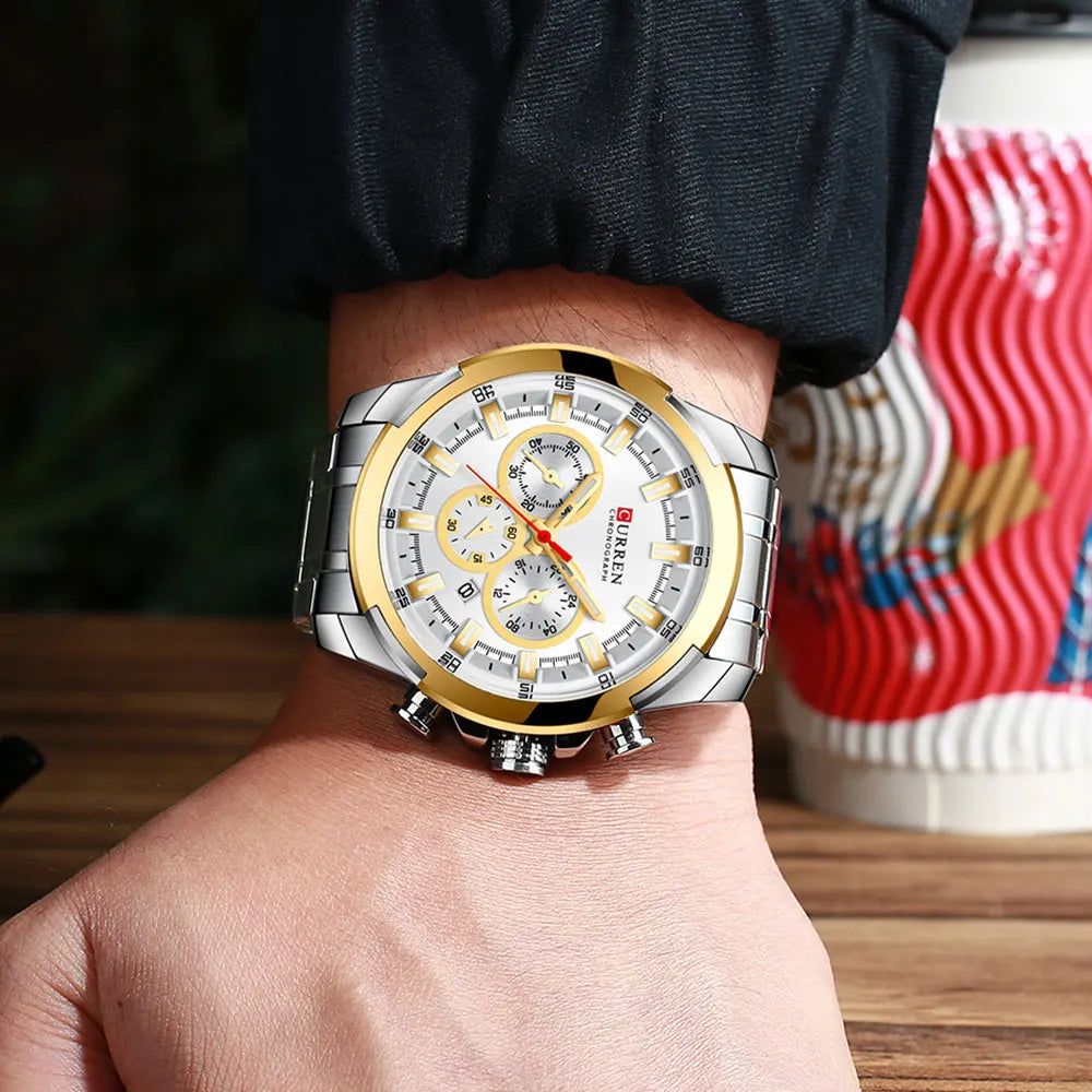 CURREN Men's Chronograph Watch 48mm Big Dial with Stainless Steel Band Triple Sub- Dials Luxury Quartz Sport Wristwatch