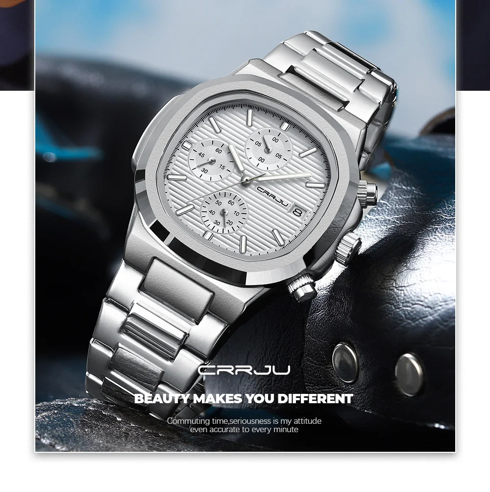 CRRJU Luxury Man Watch Business Waterproof Male Clock Luminous Date Stainless Steel Square Quartz Men Watch reloj hombre 2024