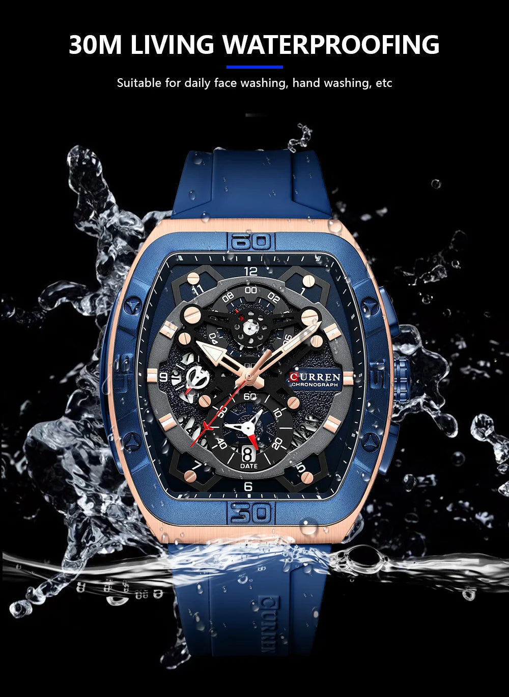 CURREN Men's Chronograph Watch Tonneau Case Design with Sport Silicone Strap Red and Black Quartz Wristwatches for Men