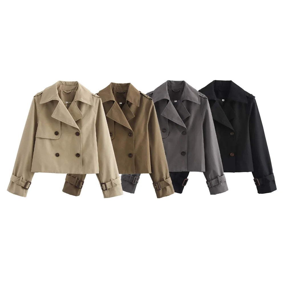Ladies Vintage Cropped Trench Spring Autumn Jacket Women Streetwear Double Breasted Long Sleeve Top Female Chic Coat Outfits