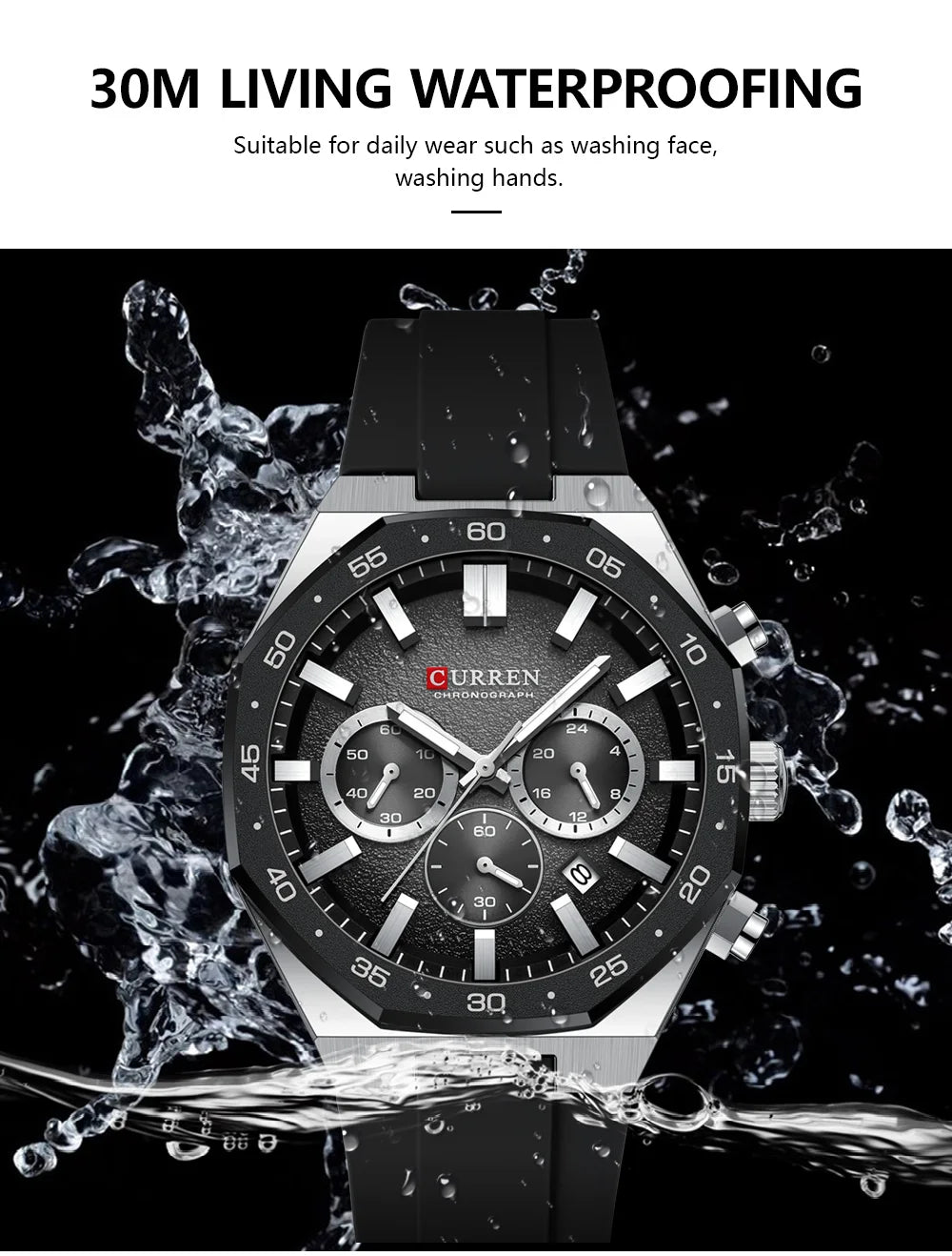 CURREN Fashion Casual Men Sports Watch Chronograph Silicone Belt Auto Date Dial Quartz Wristwatch Male Reloj Relogio Masculino
