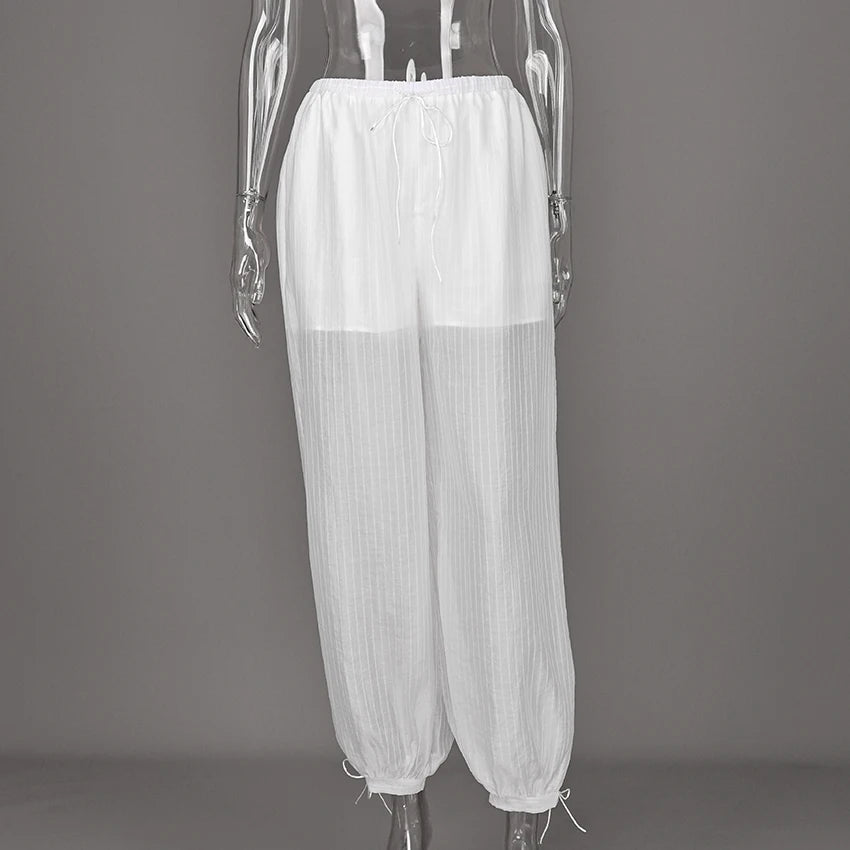 Linad Street Loose White Bloomers Pants Women Summer Elastic Waist Trousers Fashion Lace Up See Through Pants Female 2025 Sexy