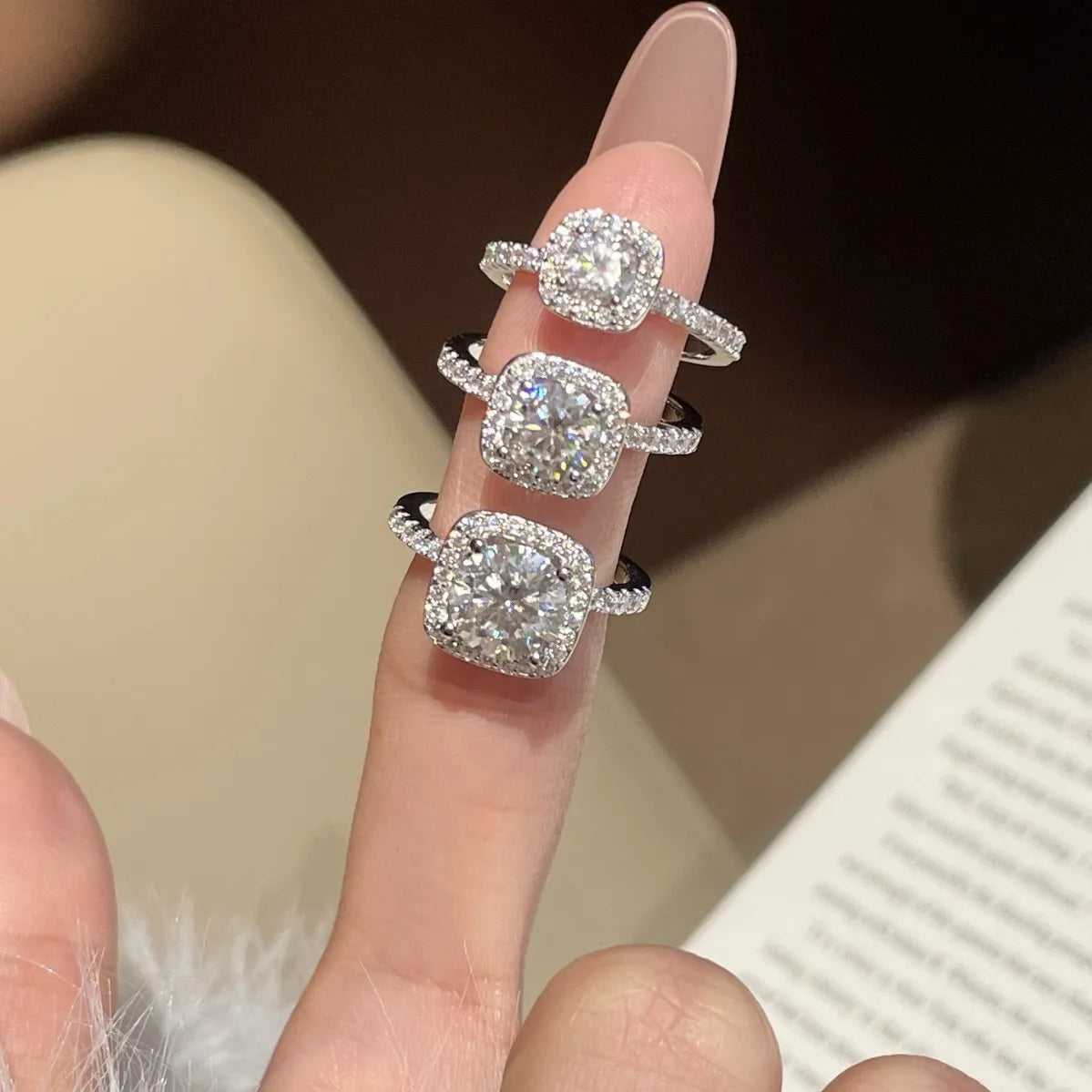 HORRIPAL 0.5CT 1CT 2CT Sugar Cube Moissanite Rings For Women Halo Band Luxury S925 Sterling Silver Wedding Jewelry Gift With GRA