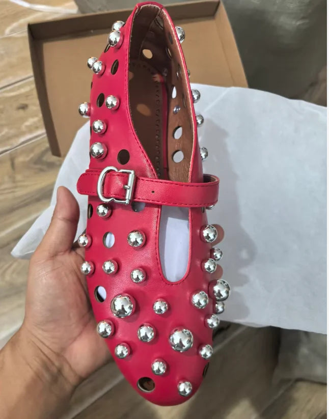 Luxury Black Pearl Round Head Buckle Ballet Sandals Summer Autumn Metal Hollow Commuting Casual Mary Jane Single Shoe Size 45