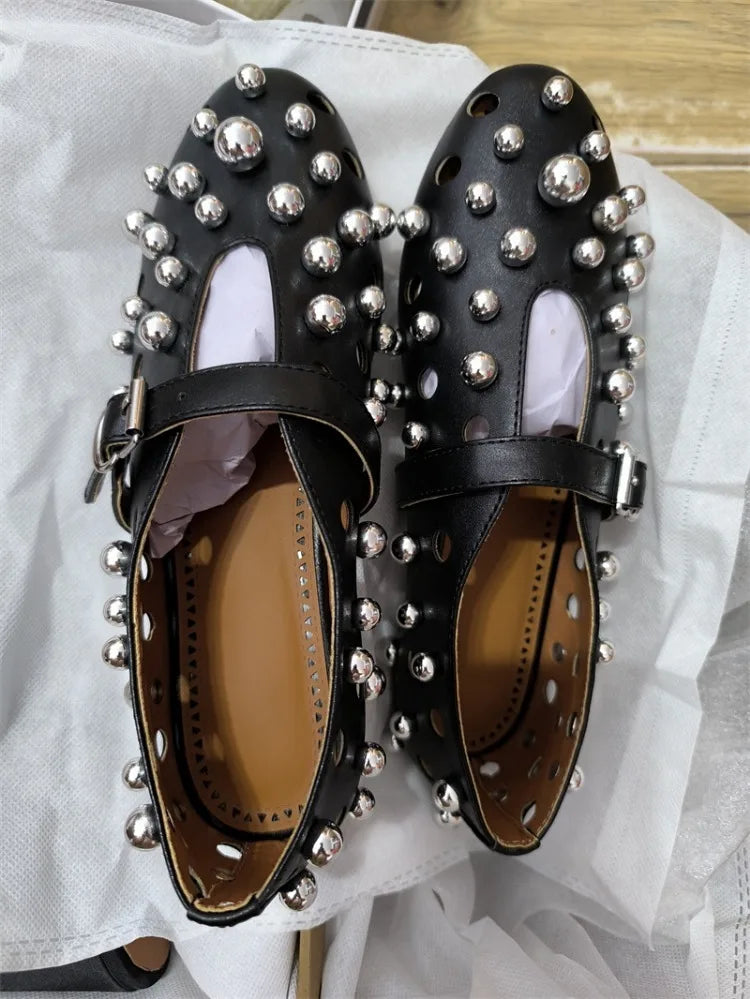 Luxury Black Pearl Round Head Buckle Ballet Sandals Summer Autumn Metal Hollow Commuting Casual Mary Jane Single Shoe Size 45