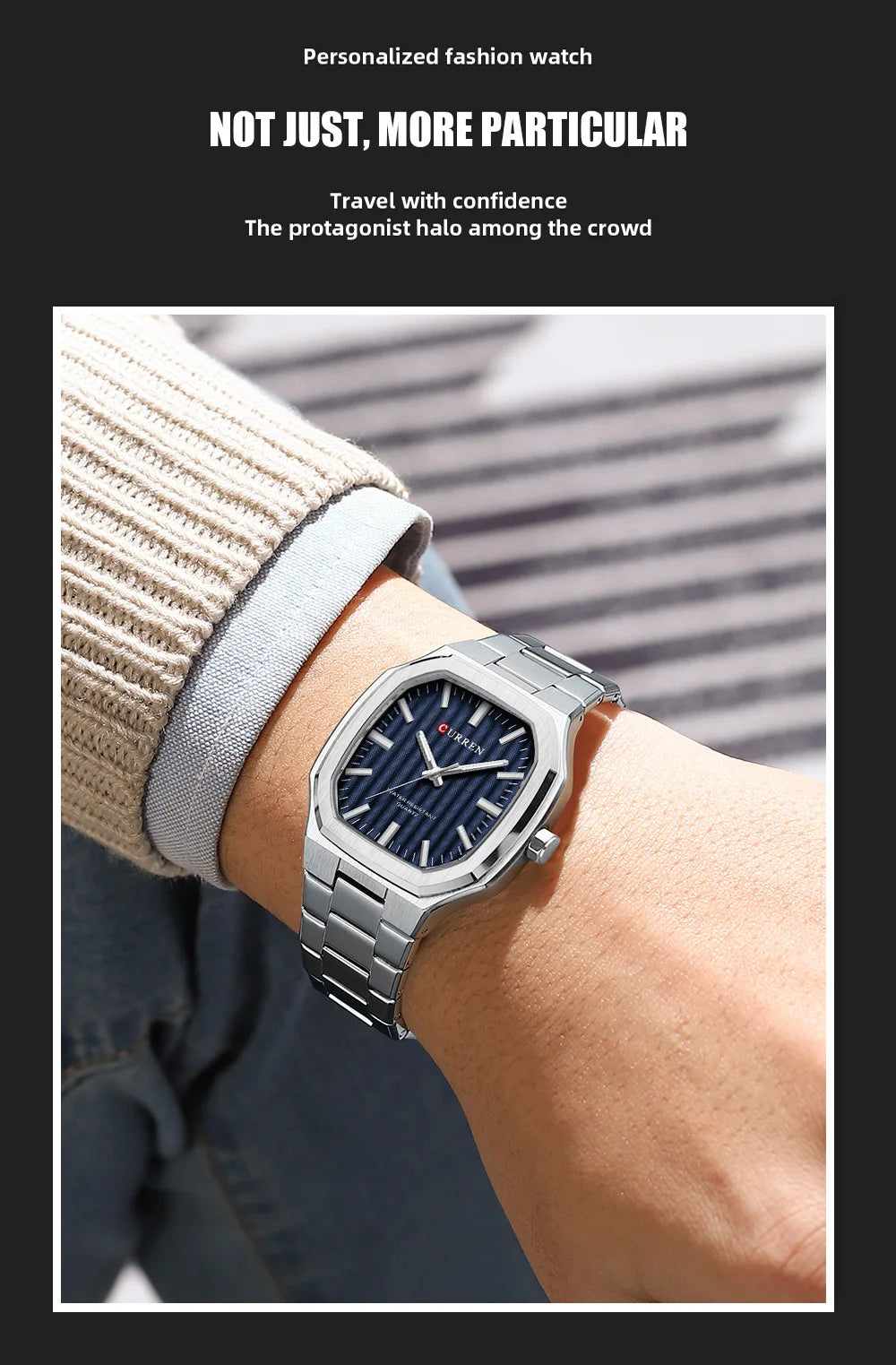CURREN Luxury Business Square Quartz Watches  Classic Stripe Design Dial with Stainless Steel Band Wristwatch for Men
