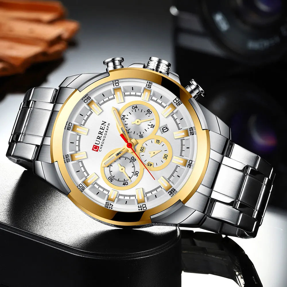 CURREN Men's Chronograph Watch 48mm Big Dial with Stainless Steel Band Triple Sub- Dials Luxury Quartz Sport Wristwatch