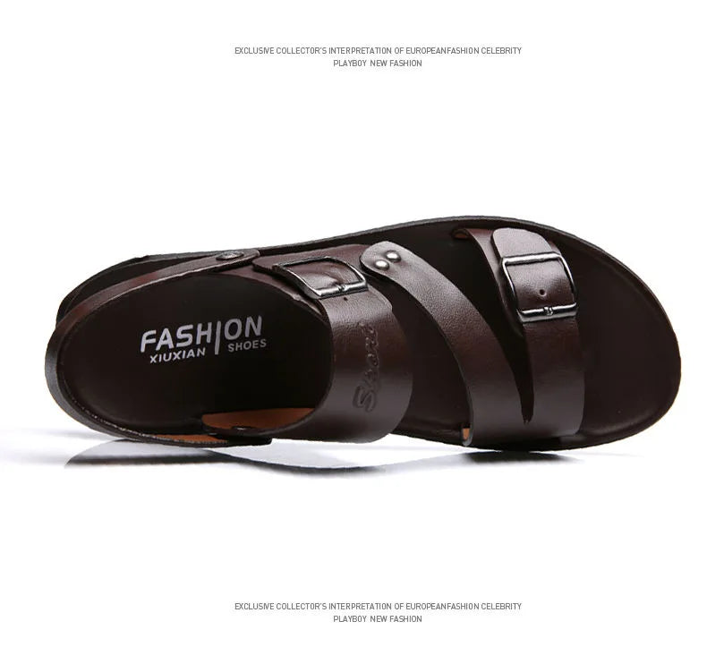 Fashion Sandals Male Solid Color PU Leather Men Shoes Summer Comfortable Open Toe Leather Mens Sandals Beach Leather Footwear