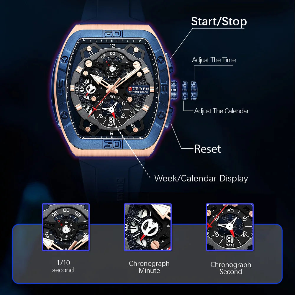 CURREN Men's Chronograph Watch Tonneau Case Design with Sport Silicone Strap Red and Black Quartz Wristwatches for Men