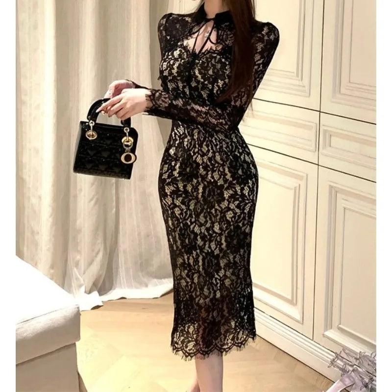 Lace Elegance Maxi Dress – Slim-Fit Long Sleeve Slit Dress for Women