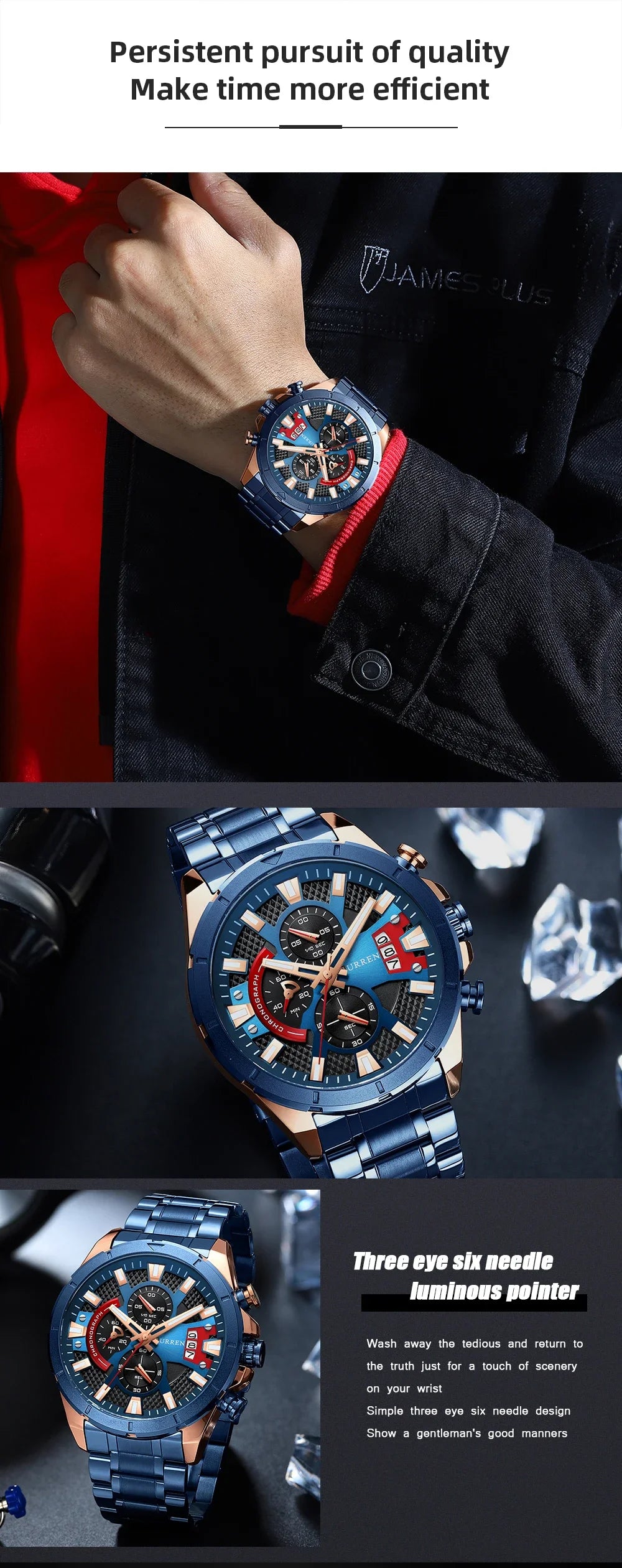 CURREN Sports Big Dial Men's Chronograph Watch with Matte Stainless Steel Band Luminous Hands Casual Quartz Wristwatch 8401
