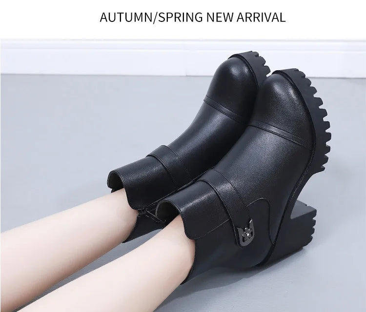 8cm Small Size 32-43 Thick Bottom Motorcycle Boots Women Shoes Winter 2026 Block High Heels Soft Leather Ankle Boots Office Mom
