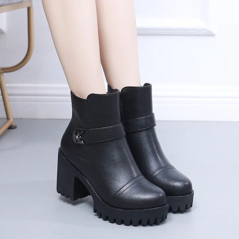 8cm Small Size 32-43 Thick Bottom Motorcycle Boots Women Shoes Winter 2026 Block High Heels Soft Leather Ankle Boots Office Mom