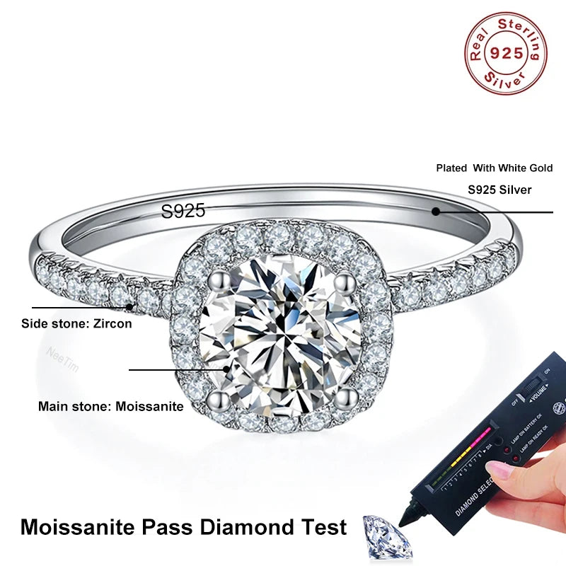 NeeTim D Color Moissanite Ring 925 Sterling Silver with White Gold Plated Lab Diamond Rings for Women Wedding Band Jewelry Gifts