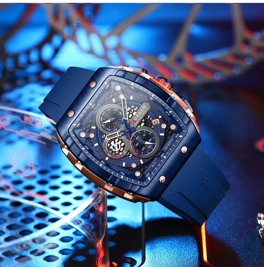CURREN Fashion Sports Watches with Large Dial Unique RectangularHollow Design Quartz Wristwatches with Chrongraph Auto Date 8442