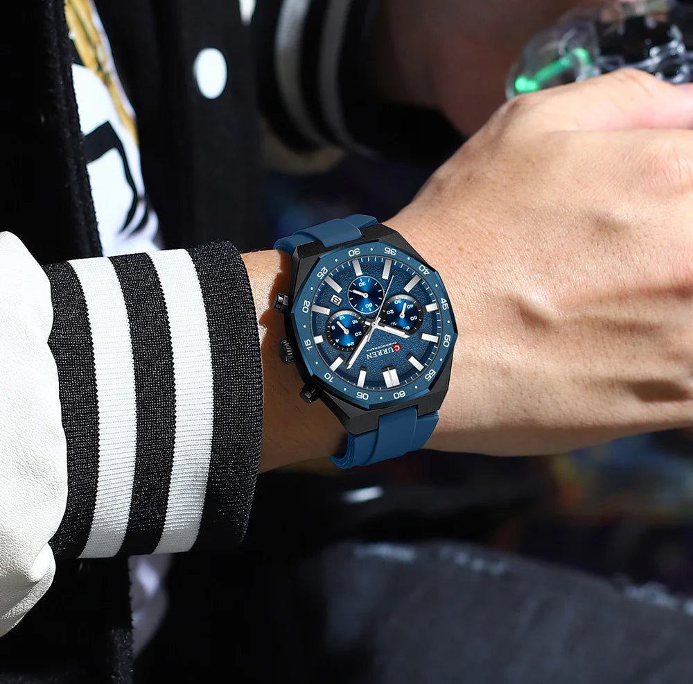 CURREN Fashion Casual Men Sports Watch Chronograph Silicone Belt Auto Date Dial Quartz Wristwatch Male Reloj Relogio Masculino