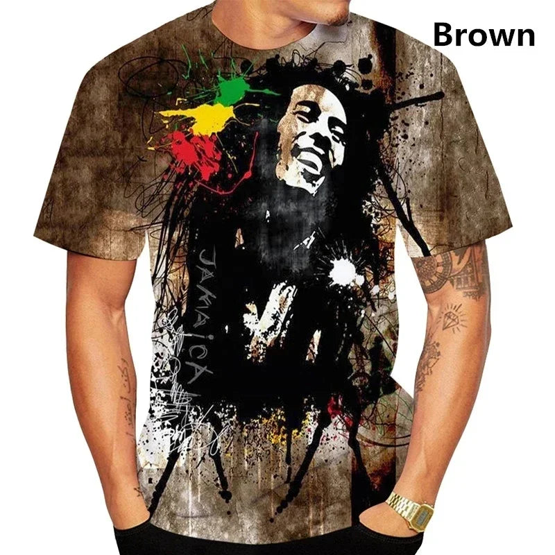 Bob Marley Men's Fashion Trends for Summer 2025:3D Printed T-shirts, Reggae Hip-hop Casual Short-sleeved Printed Casual T-shirts