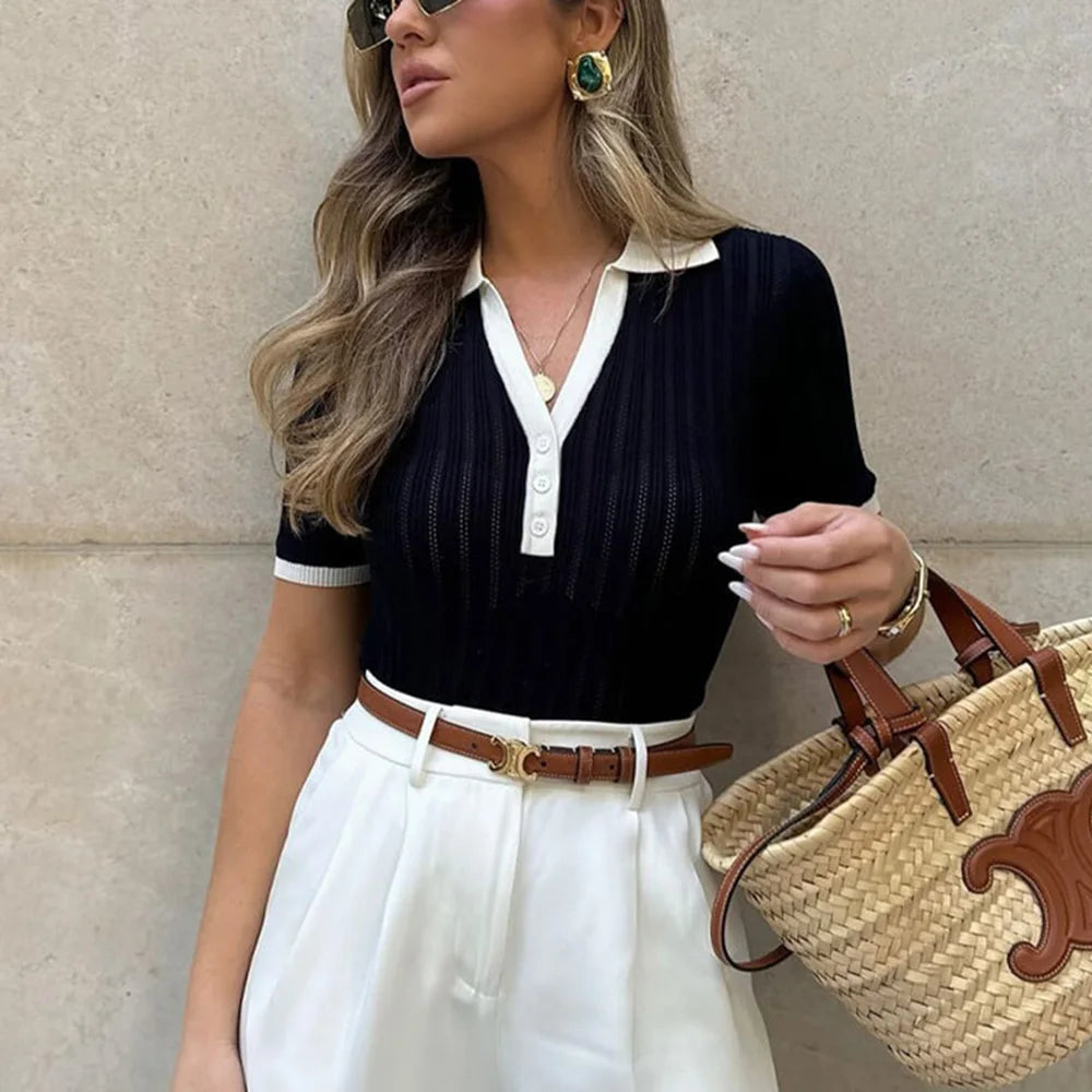 Talenza Elegant Patchwork Knitted Pullover Women's Fashion Lapel Contrast Color Sweater Casual Slim Fit Knitted Pullover T-Shirt