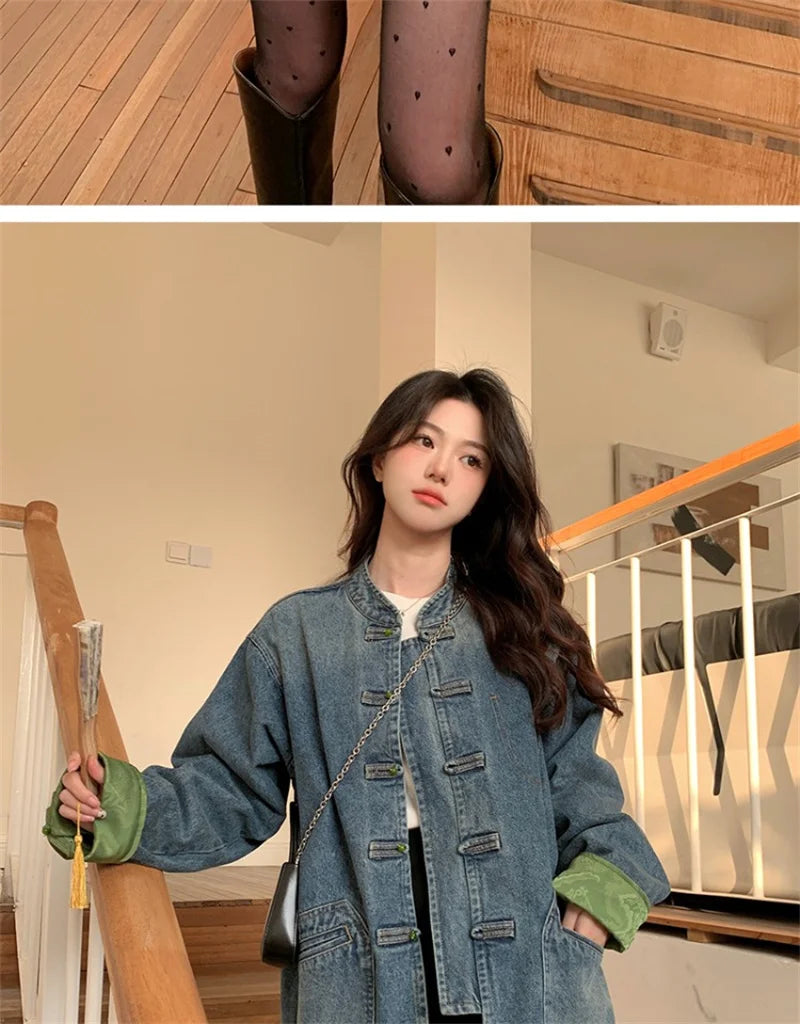 New Chinese Retro Casual Denim Jacket for Women in Spring 2024 Unique Chic Hong Kong Style fat and Slim Cardigan top for Women