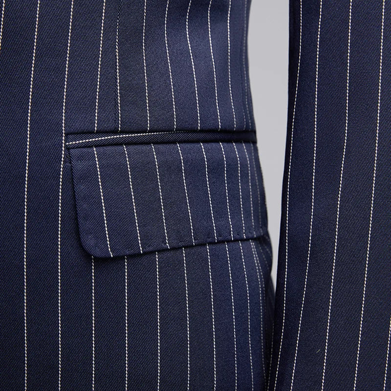 Men's Navy Blue Striped Double Breasted Blazer, Peaked Lapel Slim Fit Single Suit Jacket, Business Office Formal Wear