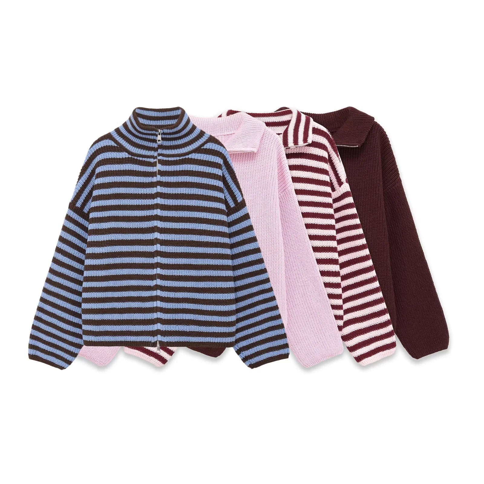 Spring New Arrivals Women's Loose and Lazy Style Sweater Cardigan Flared Lapel Long Sleeve Double Chain Stripe Knit Coat