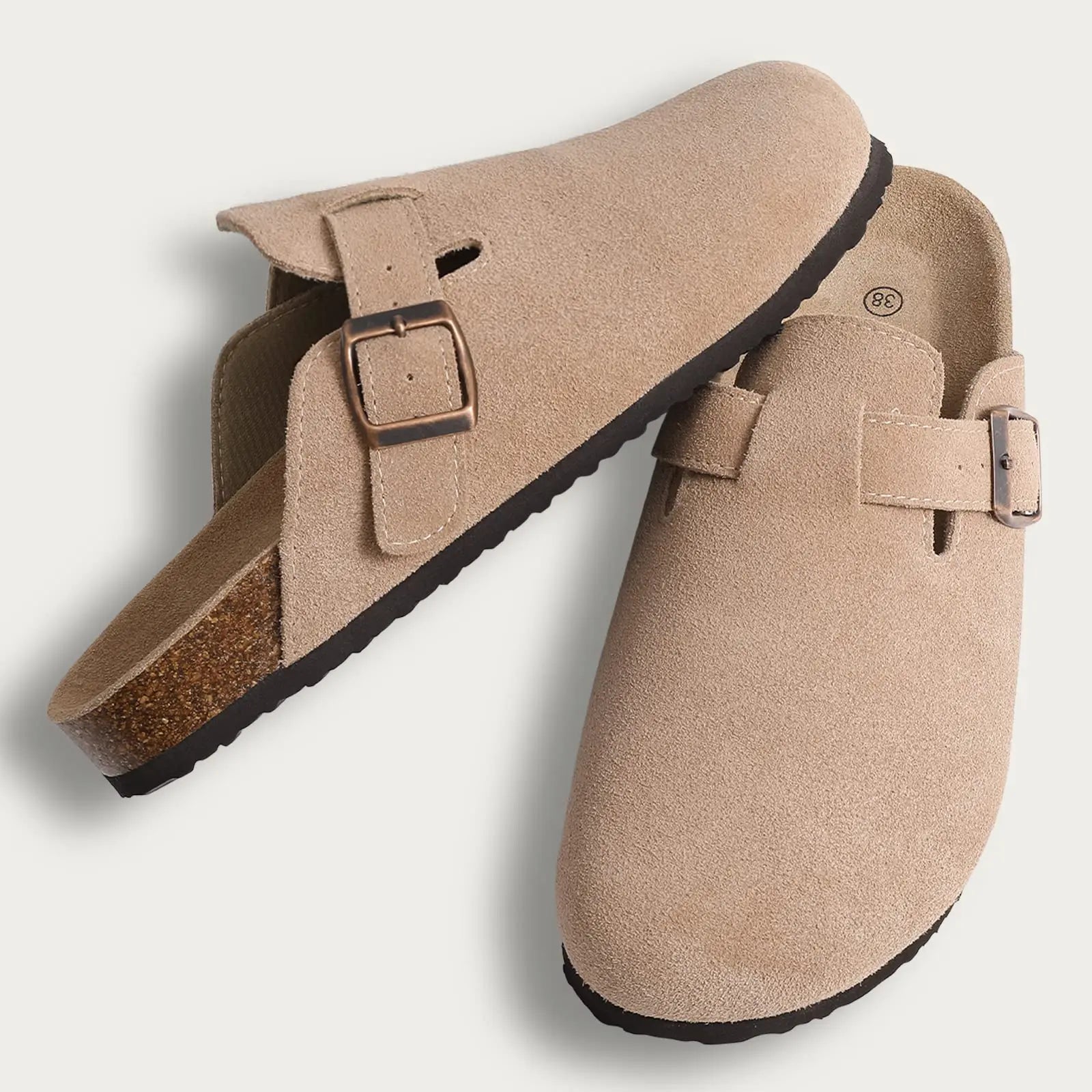 Litfun Suede Women's Clogs with Adjustable Strap Cork Footbed Leather Mules with Arch Support Unisex Outdoor Clogs Potato Shoes