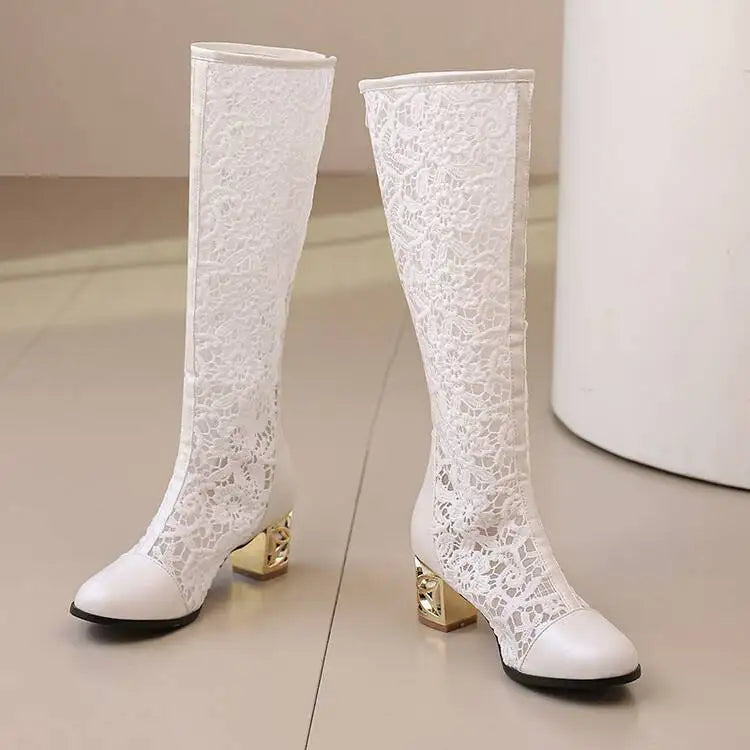 Spring and Autumn New Style Fashion square Heel Mesh Hollow Women's Boots Sweet Breathable knee high boots high 5.5cm size 34-47