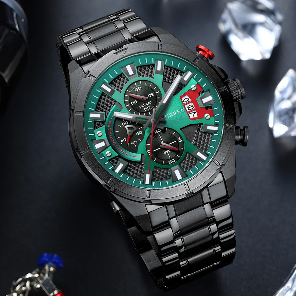 CURREN Sports Big Dial Men's Chronograph Watch with Matte Stainless Steel Band Luminous Hands Casual Quartz Wristwatch 8401
