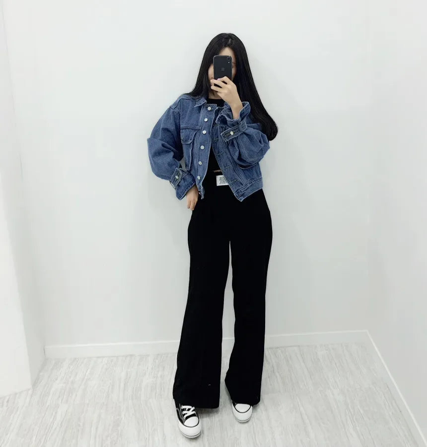 Women Denim Coat Short Jackets Turn Down Collar Full Sleeve Solid Casual Loose Single Breasted Coats Jacket Autumn Winter