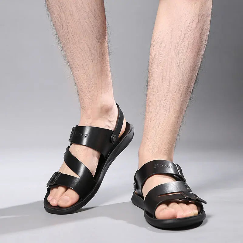 Fashion Sandals Male Solid Color PU Leather Men Shoes Summer Comfortable Open Toe Leather Mens Sandals Beach Leather Footwear