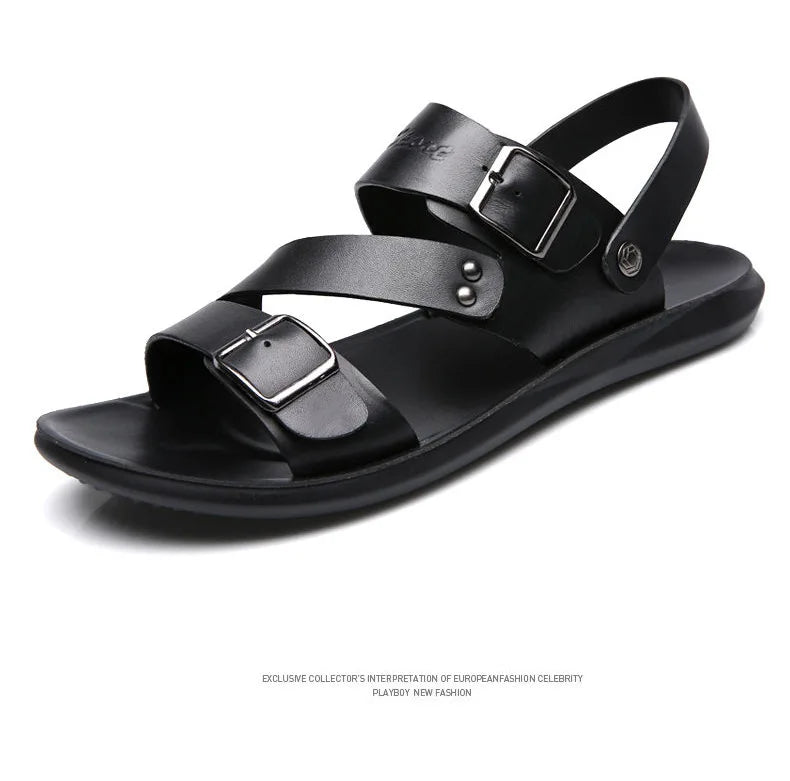Fashion Sandals Male Solid Color PU Leather Men Shoes Summer Comfortable Open Toe Leather Mens Sandals Beach Leather Footwear