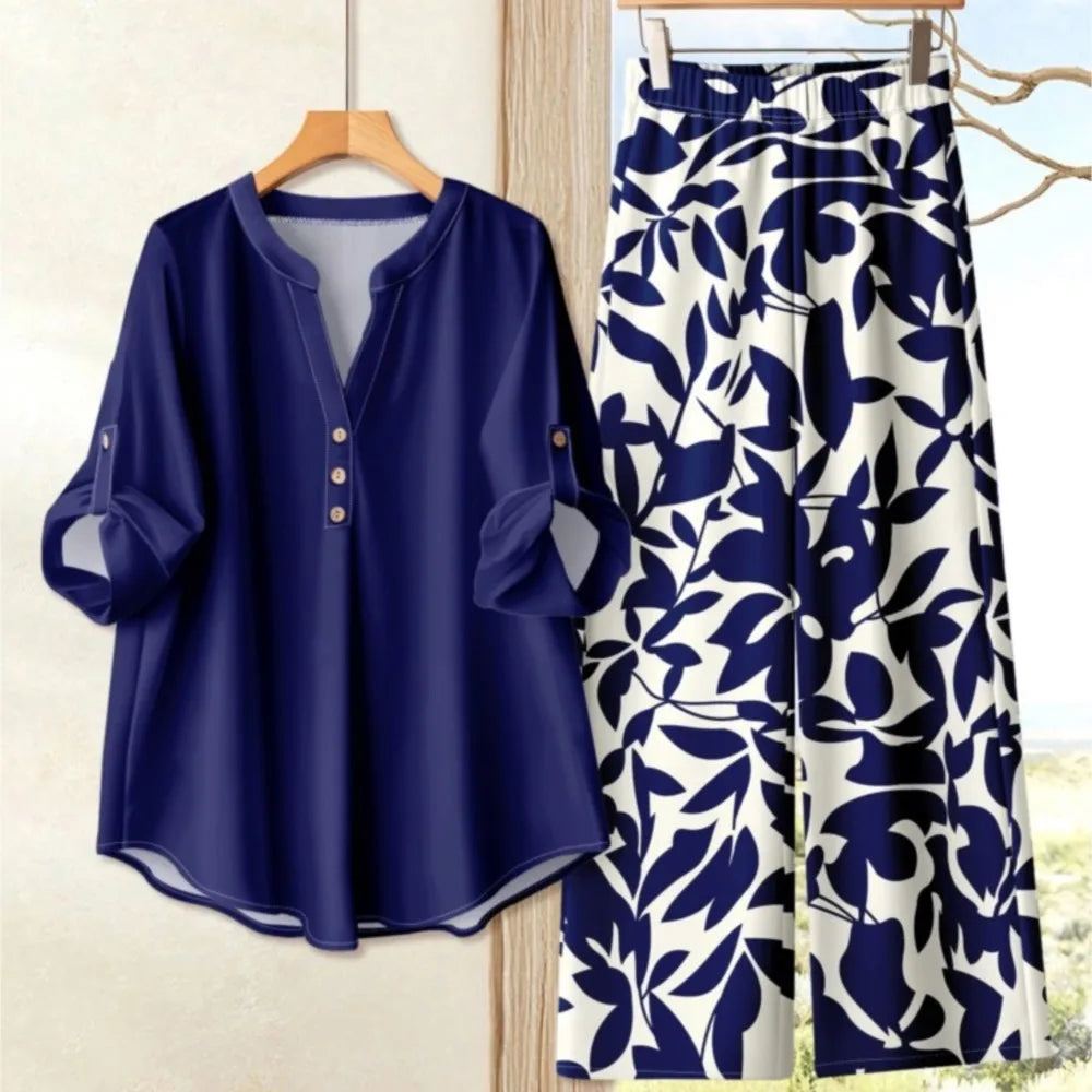 Chic Printed Short Sleeve Co-Ord Set – Women’s O-Neck Top & Wide Leg Pants Outfit