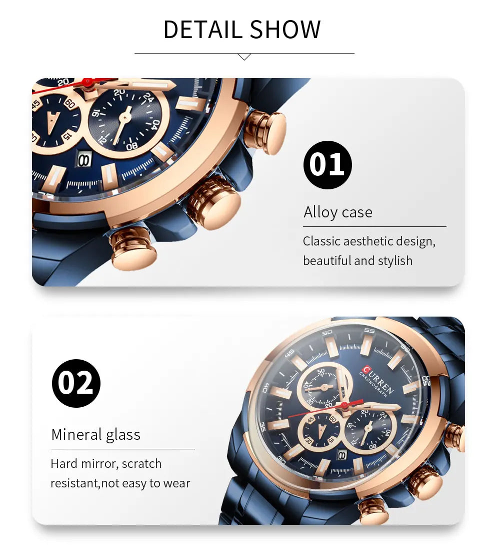 CURREN Men's Chronograph Watch 48mm Big Dial with Stainless Steel Band Triple Sub- Dials Luxury Quartz Sport Wristwatch