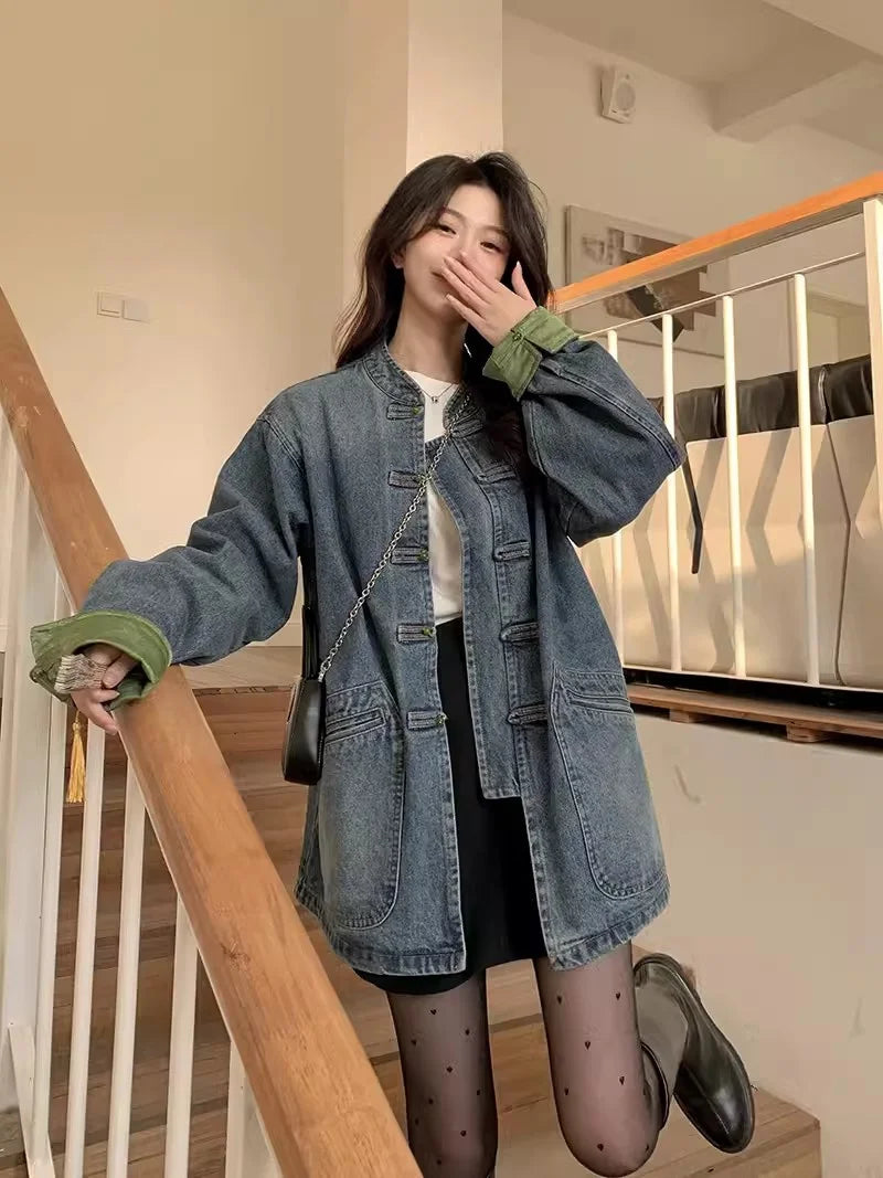 New Chinese Retro Casual Denim Jacket for Women in Spring 2024 Unique Chic Hong Kong Style fat and Slim Cardigan top for Women