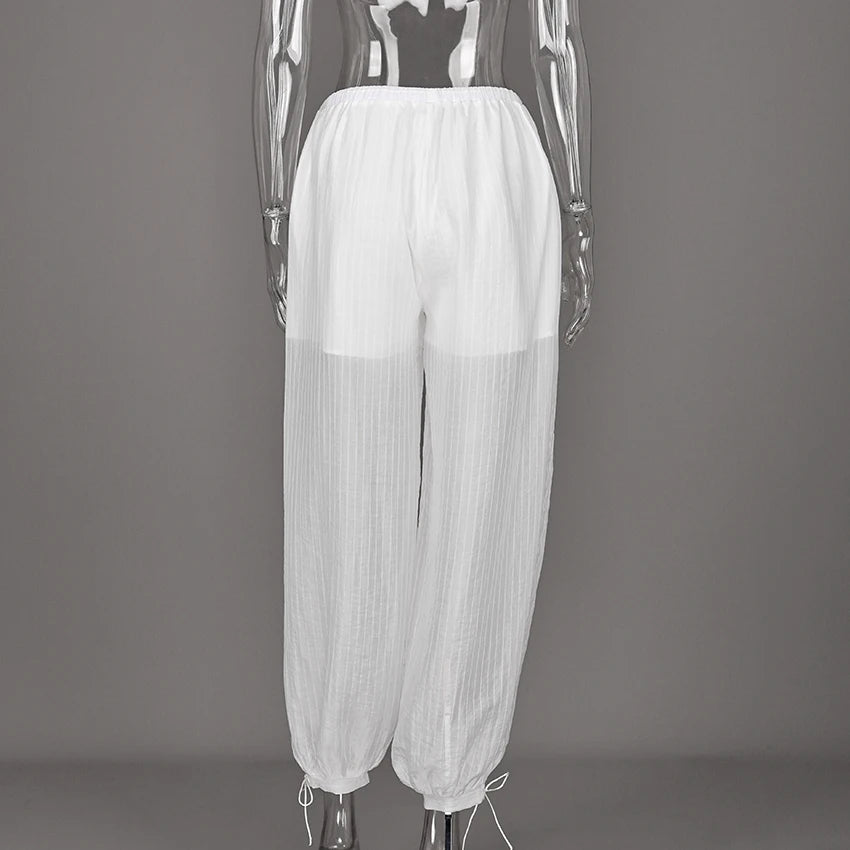 Linad Street Loose White Bloomers Pants Women Summer Elastic Waist Trousers Fashion Lace Up See Through Pants Female 2025 Sexy