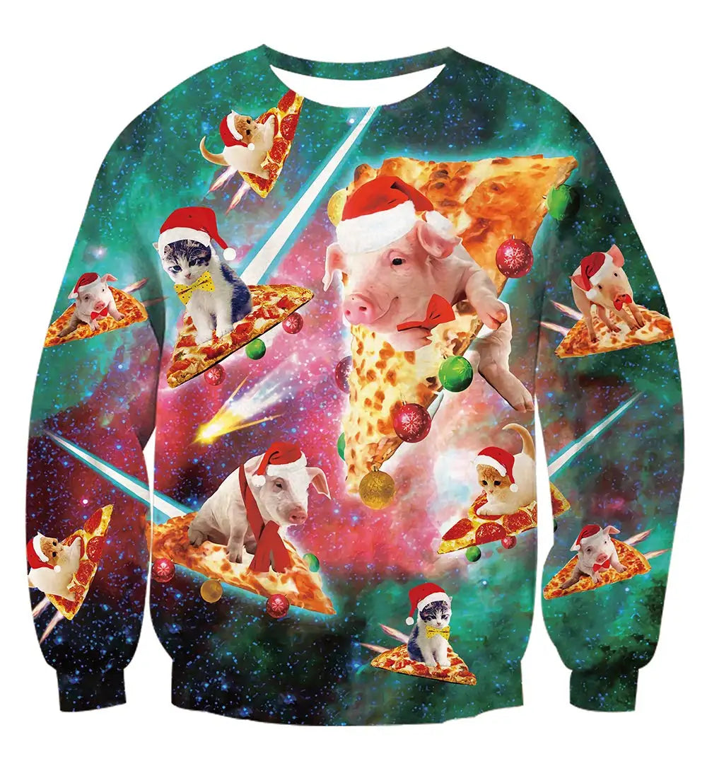 Men's Christmas Sweatshirt Festive Abstract Kitten Print Merry Christmas Crew Neck Pullover Party Casual Christmas Sweatshirt