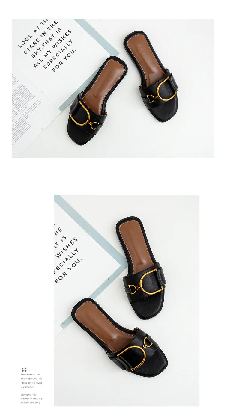 Women's Flat Slippers Summer Leather Square Toe Women Flats Flip Flops Designer Ladies Slides Sandals Women Shoes Luxury Sandals