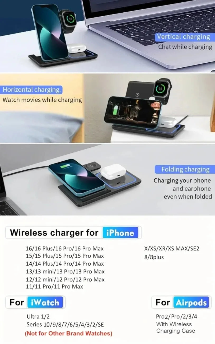 VIKEFON 3 in 1 Foldable Wireless Charging Station for iPhone 17-12 Pro Max iWatch Ultra Airpods Pro Fast Charger Stand Dock
