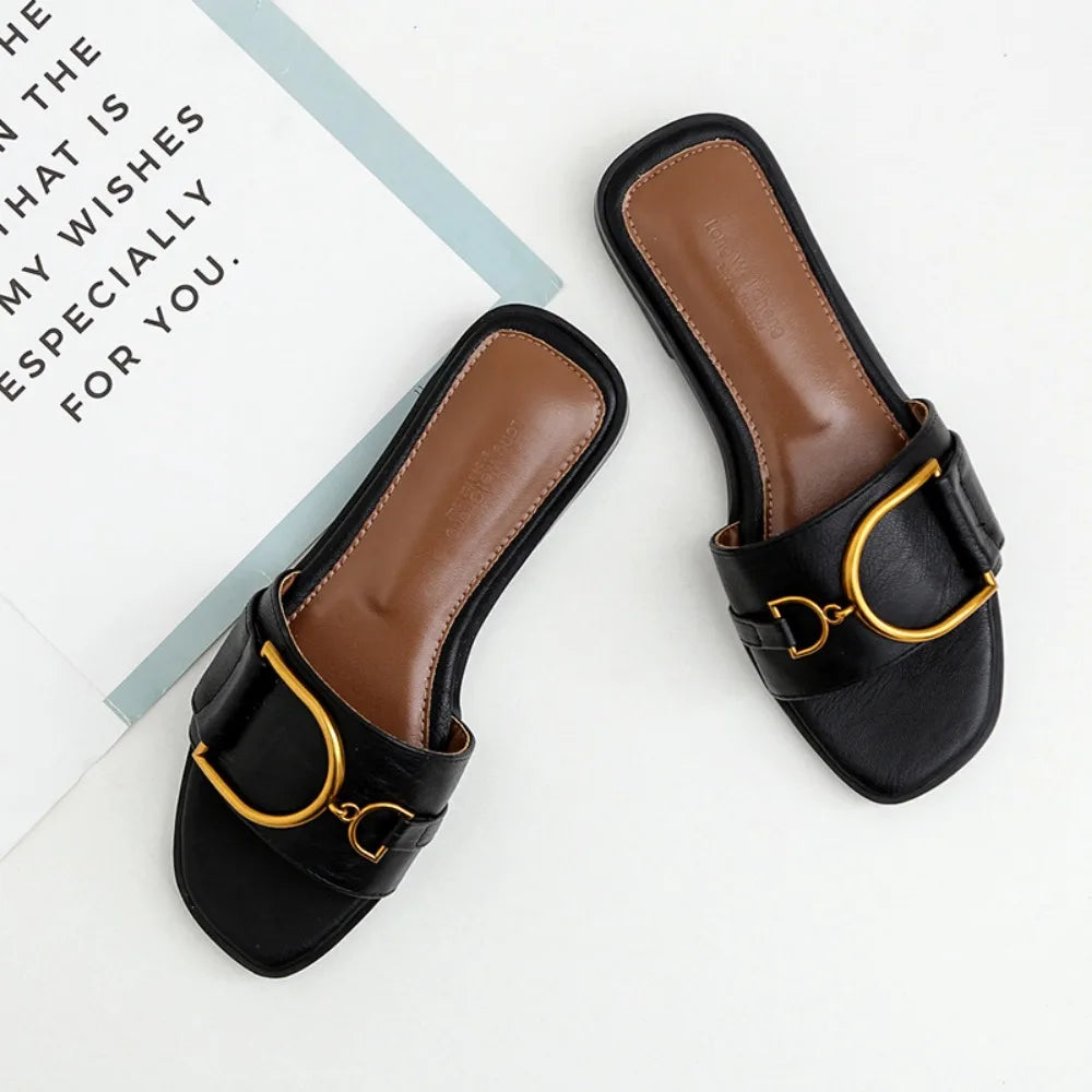 Women's Flat Slippers Summer Leather Square Toe Women Flats Flip Flops Designer Ladies Slides Sandals Women Shoes Luxury Sandals