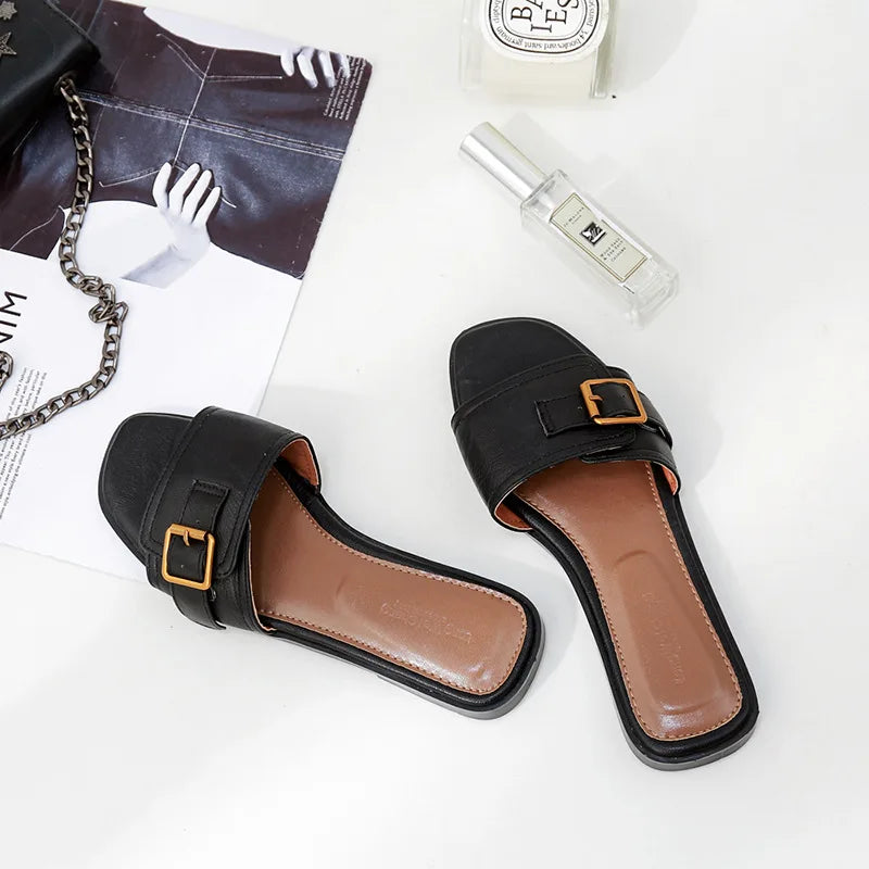 Women's Flat Slippers Summer Leather Square Toe Women Flats Flip Flops Designer Ladies Slides Sandals Women Shoes Luxury Sandals