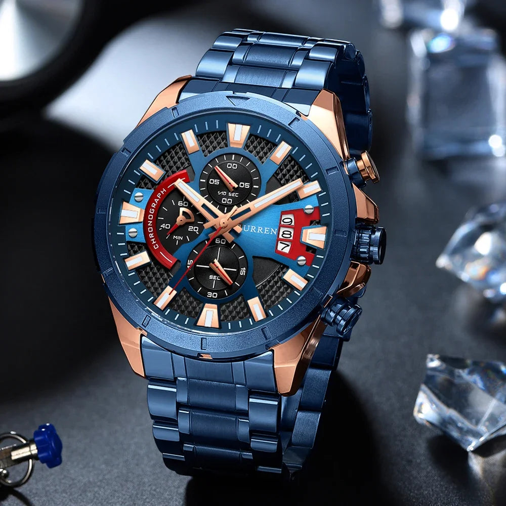 CURREN Sports Big Dial Men's Chronograph Watch with Matte Stainless Steel Band Luminous Hands Casual Quartz Wristwatch 8401