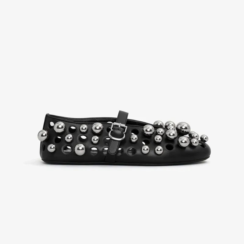 Luxury Black Pearl Round Head Buckle Ballet Sandals Summer Autumn Metal Hollow Commuting Casual Mary Jane Single Shoe Size 45